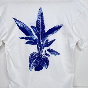 Zara Men's White Text Print T-Shirt Blue Botanical on Back Size S
